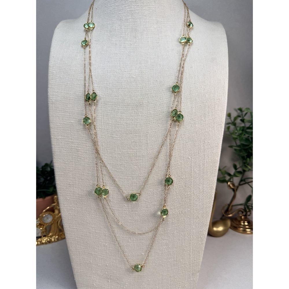 Vintage Gold Filled Uranium Glass Station Long Layered Chain Necklace UV Glow